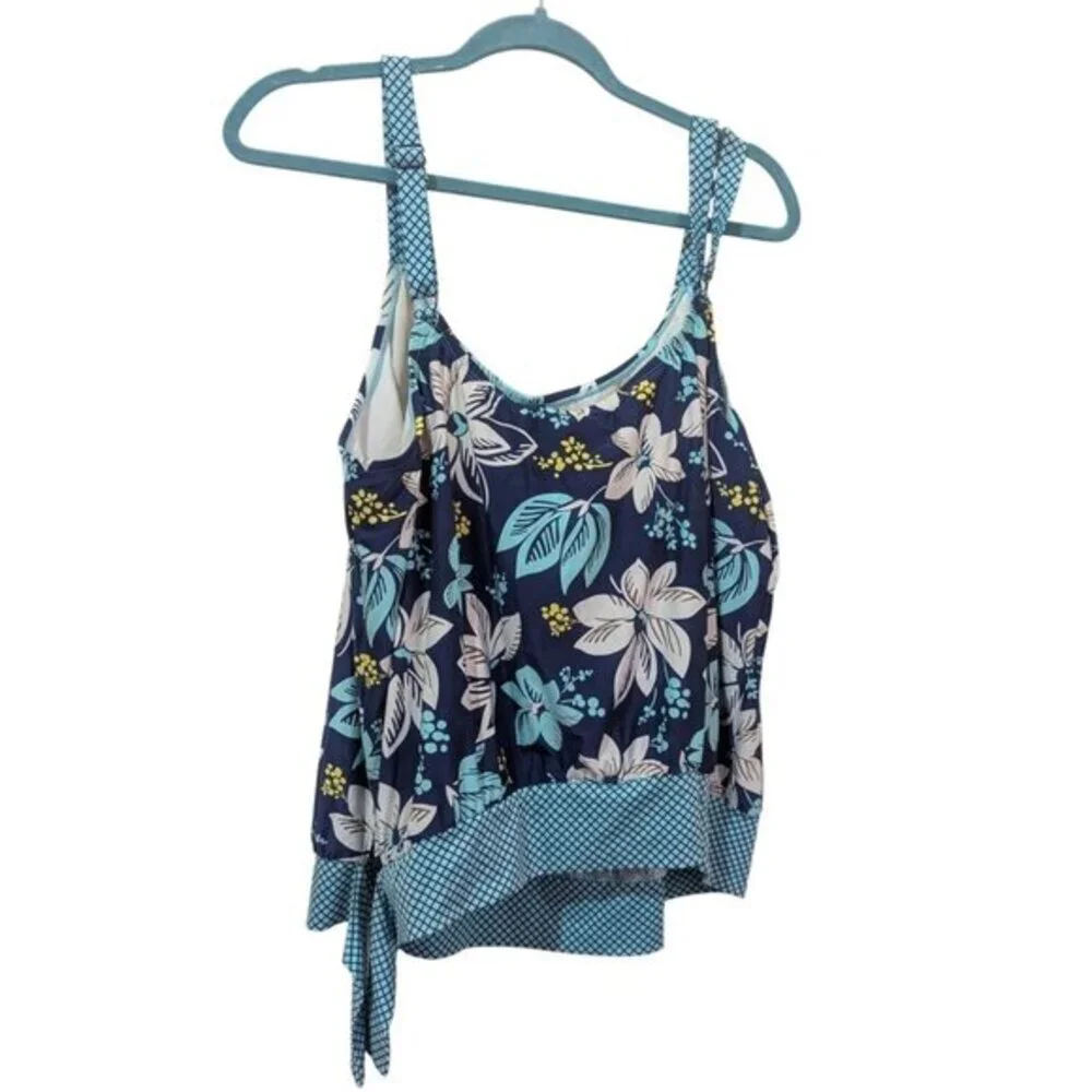 Beach House‎ Woman Floral Tankini Top Navy Blue Turquoise 22W HW12012